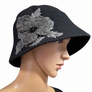 August Black Wool Cloche Bucket Hat Gray Flower Beaded